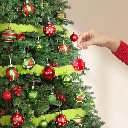 57pcs Christmas Balls with Green Fur Plastic Christmas Baubles for Tree Decoration Red Green Glittering Hanging Xmas Balls with Swirl Candy Cane for Home Holiday Party Indoor Decor
