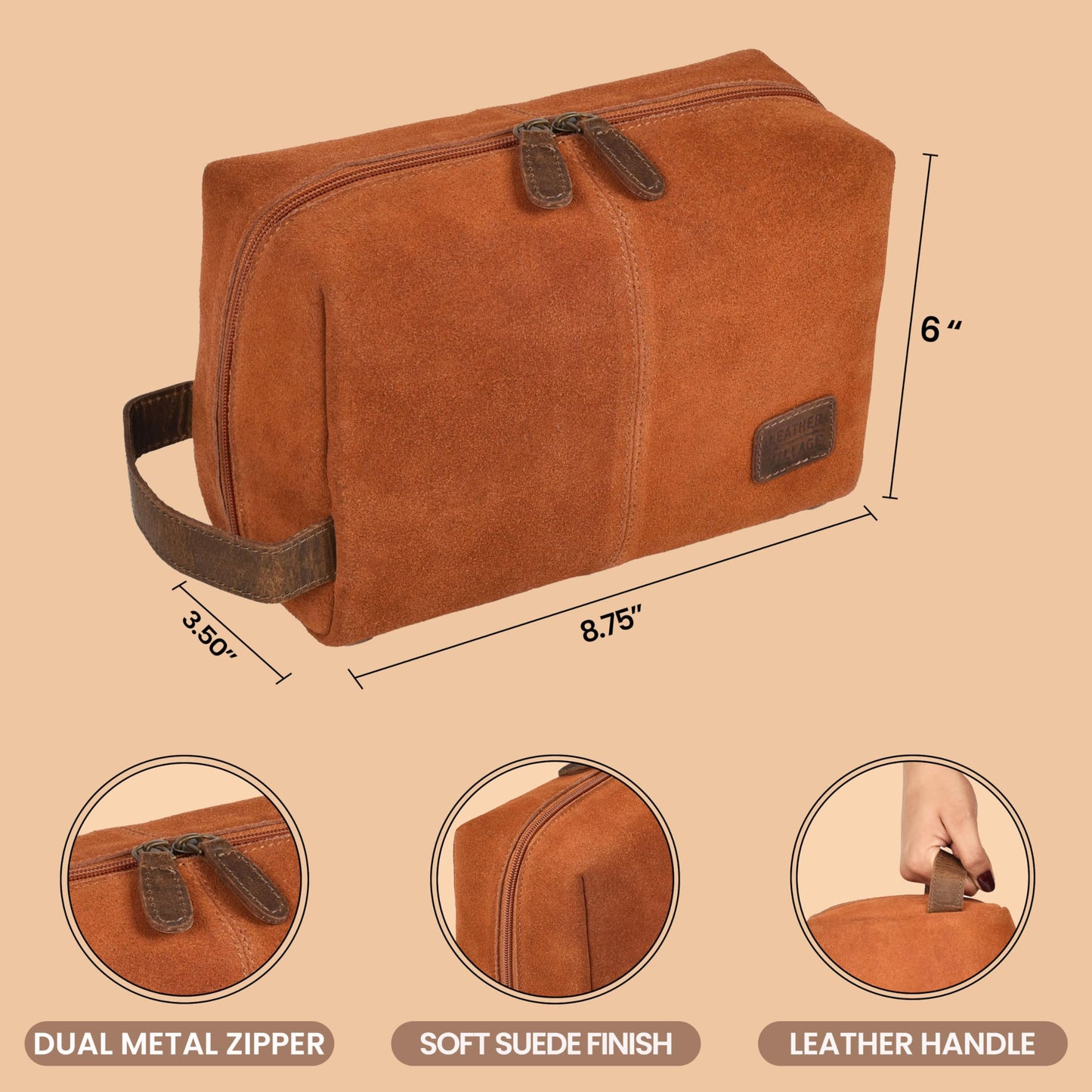 LEATHER VILLAGE Leather Travel Toiletry Bag for Men & Women - Large Capacity Dopp Kit for Shaving & Bathroom Organizer for Travel & Daily Use - Tan