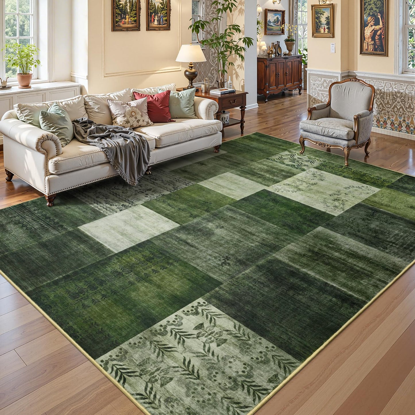 DweIke Washable Area Rugs 5x7 for Living Room, Modern Geometric Green Soft Patchwork Carpet, Non-Slip Stain Resistant Throw Rug for Bedroom Dining Room Office Home Decor