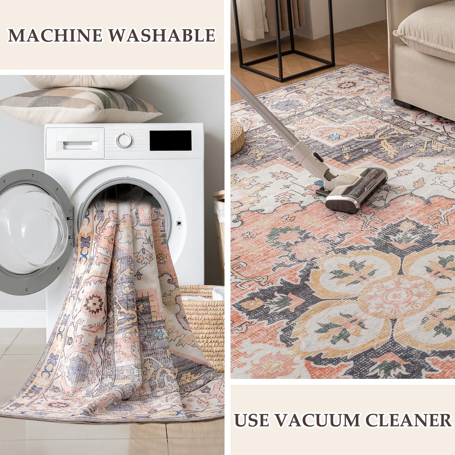 VK VK·LIVING Machine Washable Rug 5'x7' Vintage Design Washable Area Rugs with Non Slip Rugs for Living Room Bedroom Traditional Woven Carpet Stain Resistant, Dining Office Boho Rug (Mistyrose)