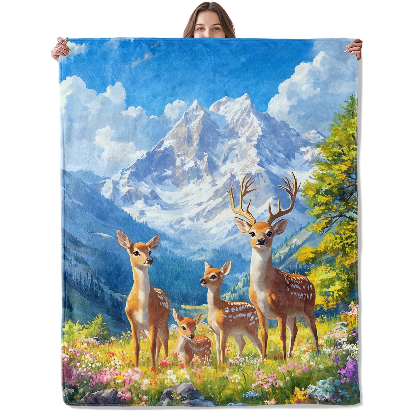 Lugiu Cute Deer Blanket, Lightweight Comfy Flower Meadow and Wildlife Throw for Couch Sofa Bedroom, Soft Cozy Travel Flannel Nature Romantic Blankets Gifts for Women Girls Kids, Home Decor 60×50in