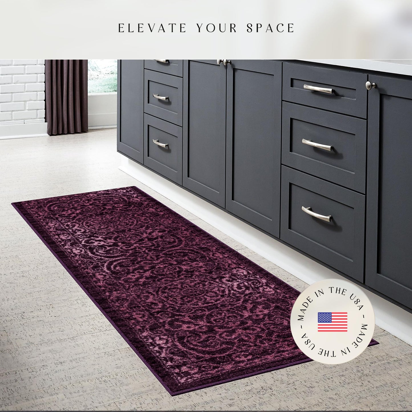 Maples Rugs Pelham Vintage Medallion Runner Rug - Made in USA - Washable, Non-Slip, Low Profile Indoor Rug for Hallway, Kitchen, and Laundry Room, 2' x 6', Wineberry
