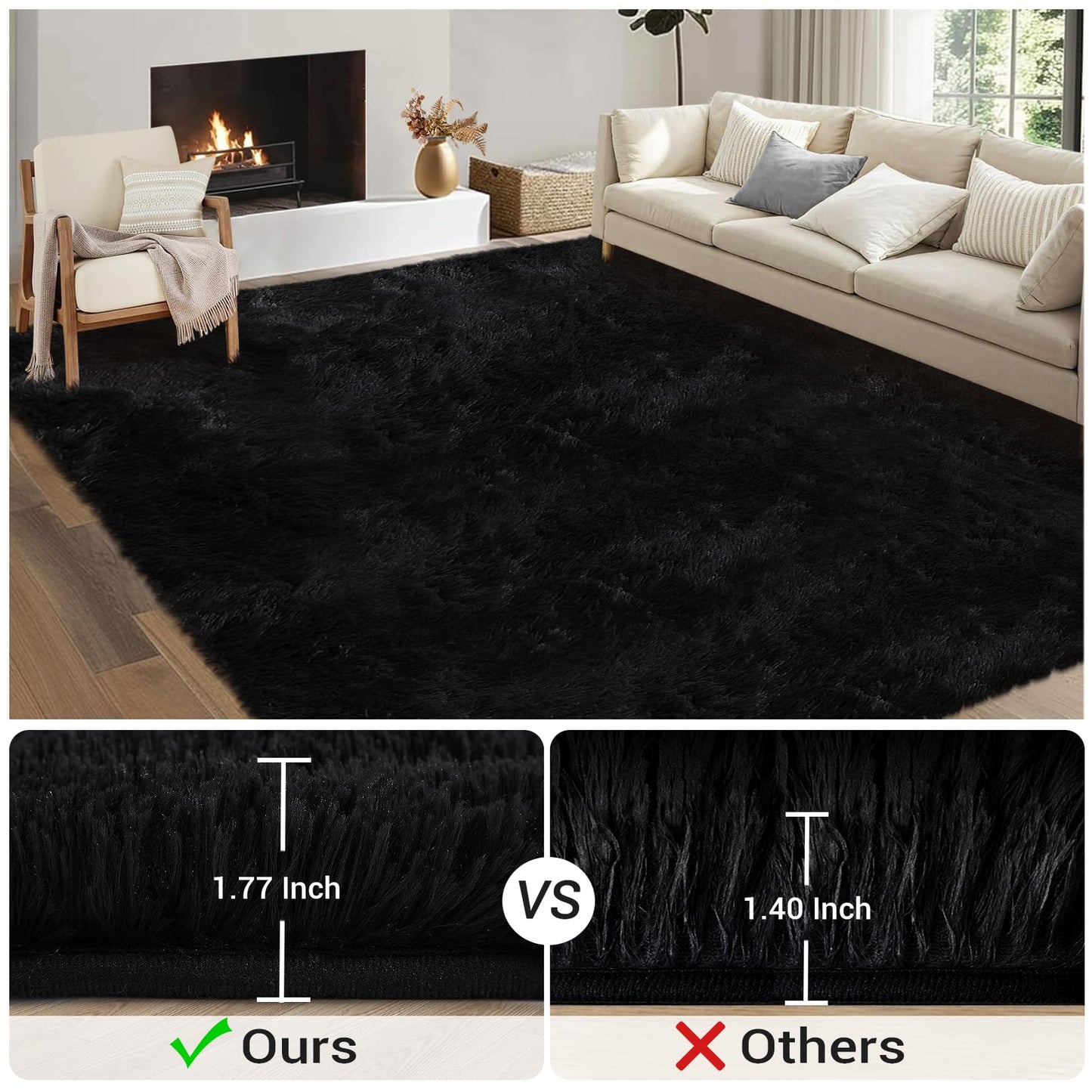COZYLOOM Luxury Super Soft Fluffy Area Rug 4x6 Plush Fuzzy Rugs Ultra Soft Fluffy Furry Rugs Non Slip Non Shedding Area Rug Indoor Carpet for Nursery Kids Room Bedroom Home Decor,Black