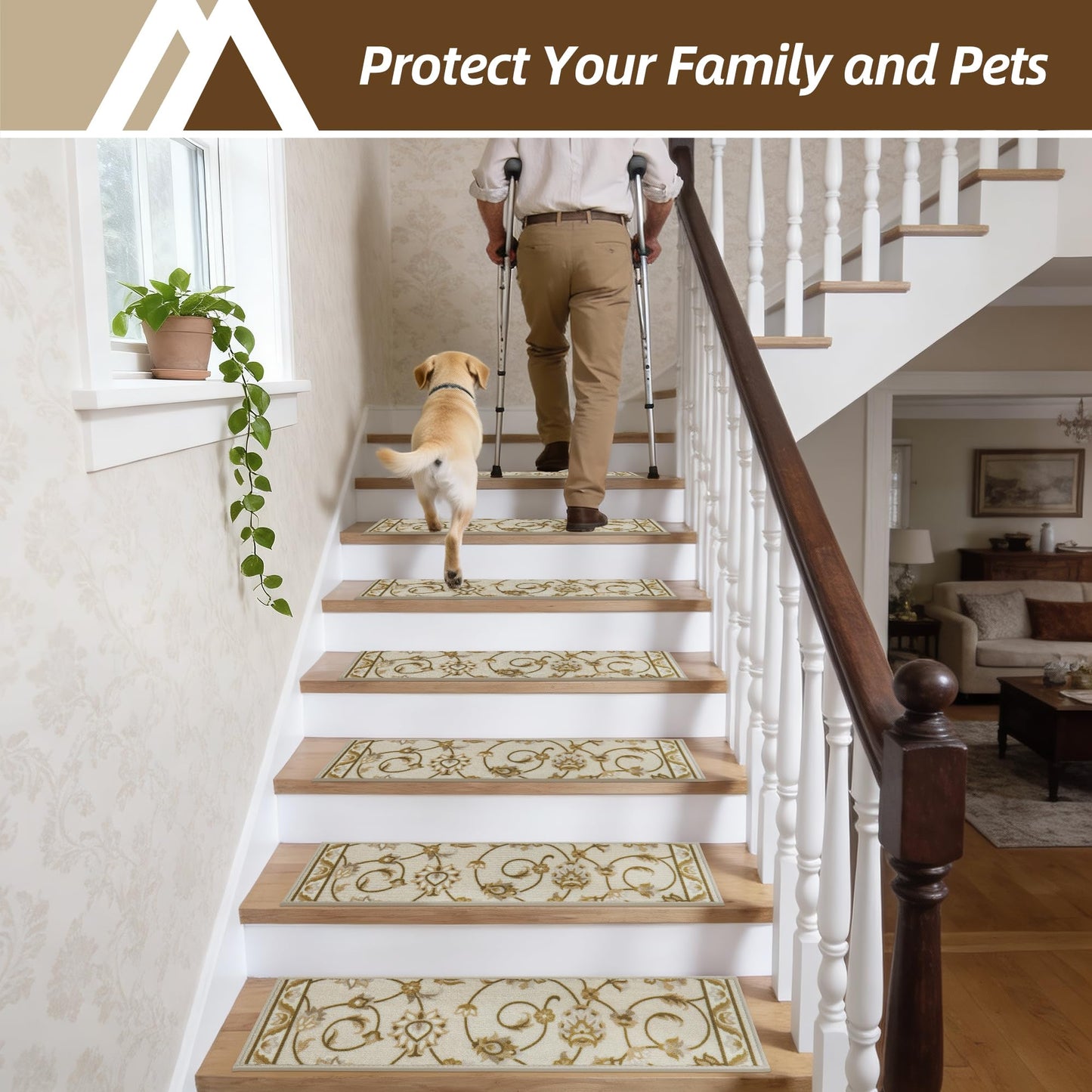 COSY HOMEER-Stair-Treads-for-Wooden-Steps Washable Indoor Stair Treads Non Slip 8" X 30" Soft Stair Carpet Treads Reusable Peel and Stick Stair Runner Rug for Kids, Elders and Pets 15pcs
