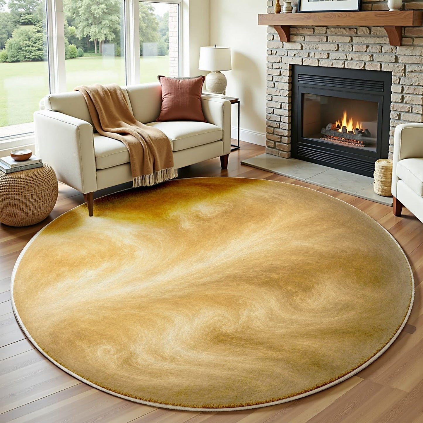 Venus Astronomy Round Carpet 3Ft, Golden Planet Solar System Circle Area Rug, Washable Non Slip Low Pile Space Floor Mat for Bedroom Living Room Dining Room Home Office Decor