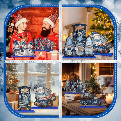 Realspring 6 Pcs Wooden Winter Table Decor Blue Winter Tiered Tray Decor Wood Decorative Gnome Snowman Truck Signs Hello Centerpieces for Kitchen Office Home