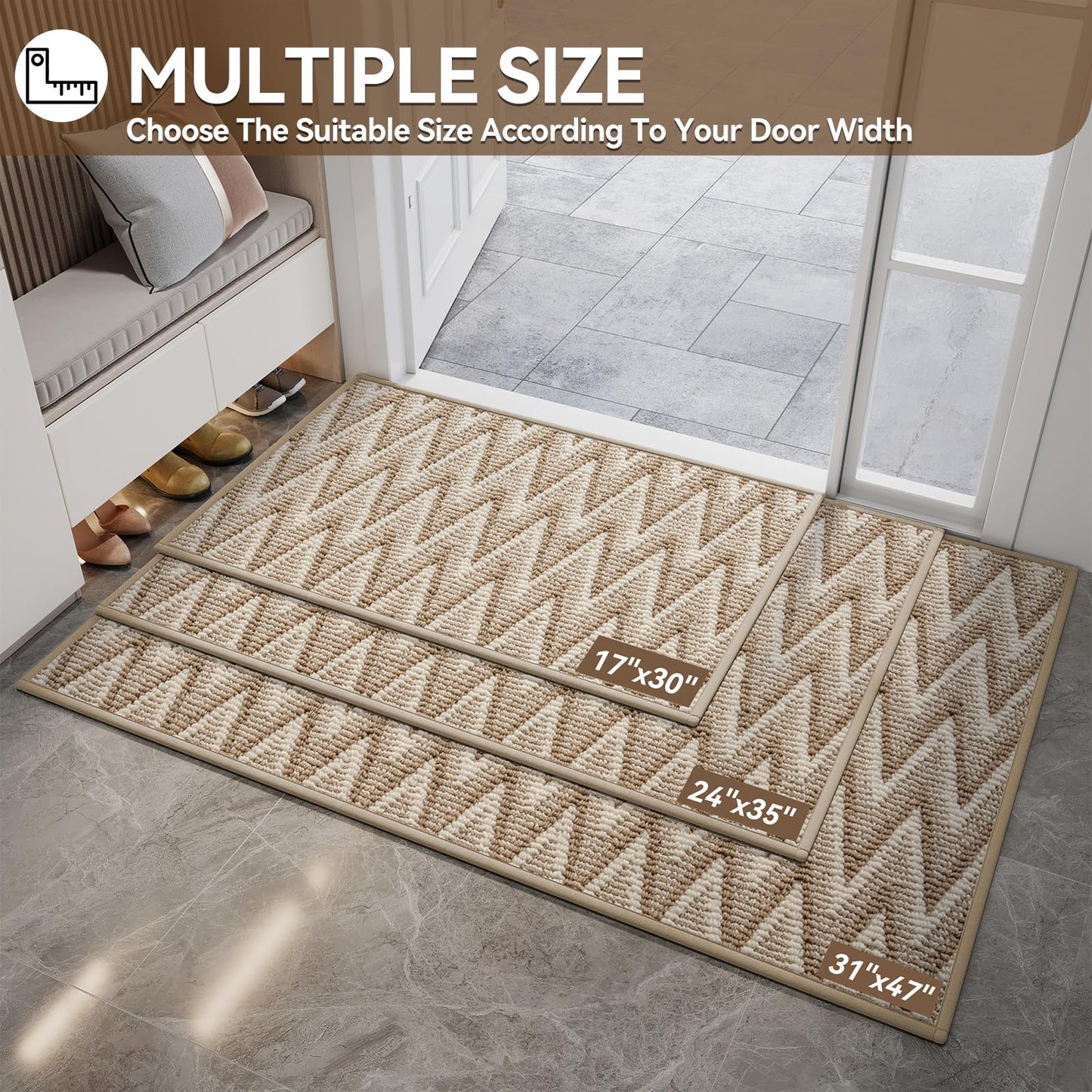 Indoor Door Mat 17x30, Dirt Resistant & Absorbent Doormat for Entryway Inside, Non-Slip Rubber Backing Front Door Mat Indoor Entrance, Low-Profile, Washable, Brown