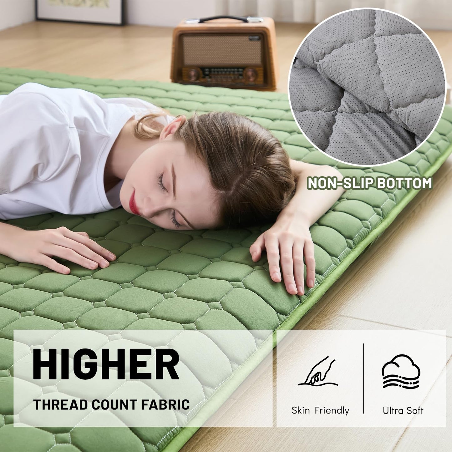 Zelladorra Japanese Floor Mattress Twin, Anti-Slip Japanese Futon Roll Up Tatami Mat for Guests, Green