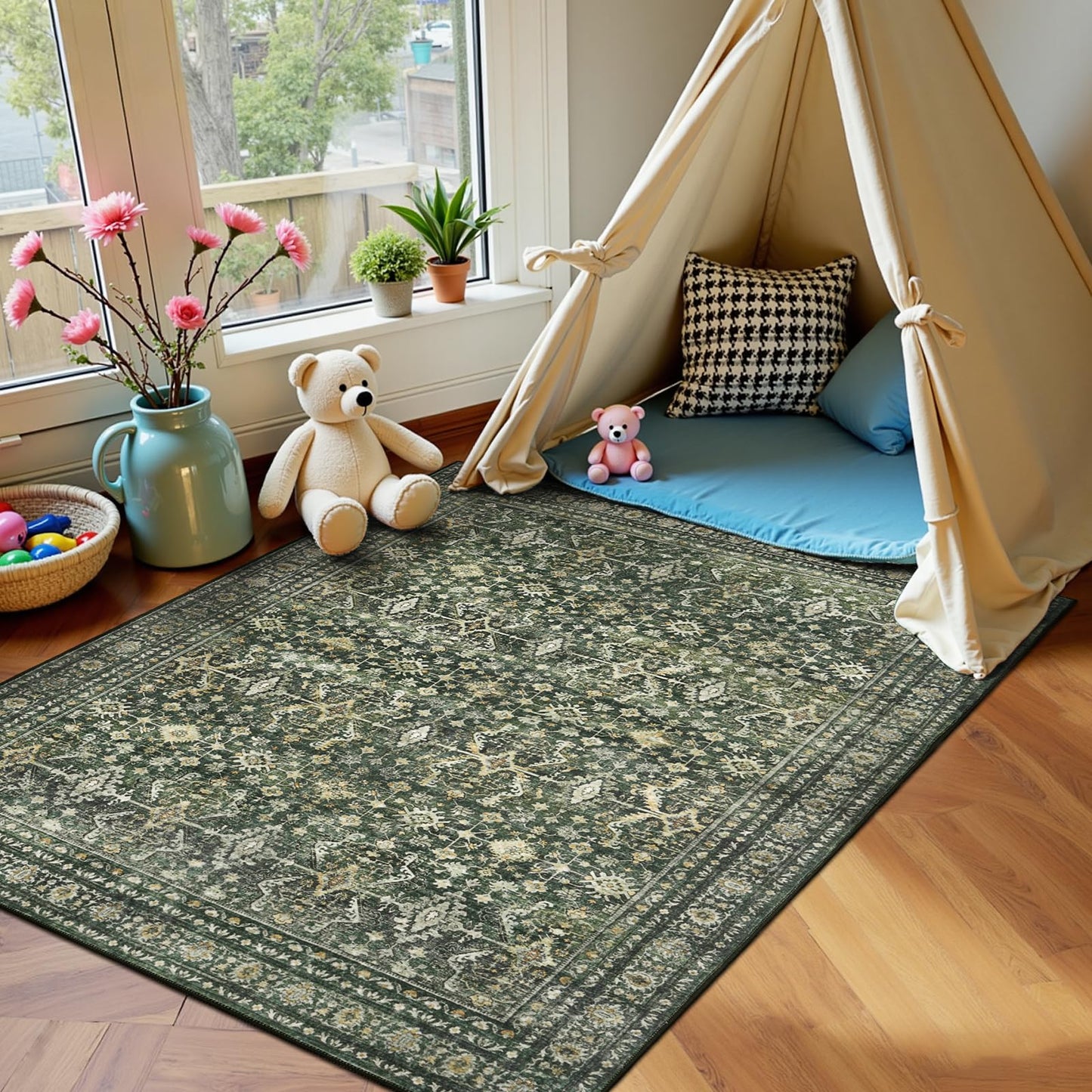 Lofus 3x5 Area Rug for Entryway, Green Non Slip Area Rugs for Kitchen, Washablee Soft Rugs for Bedroom, Living Room, Tool Room Nursery Kids Room Decor