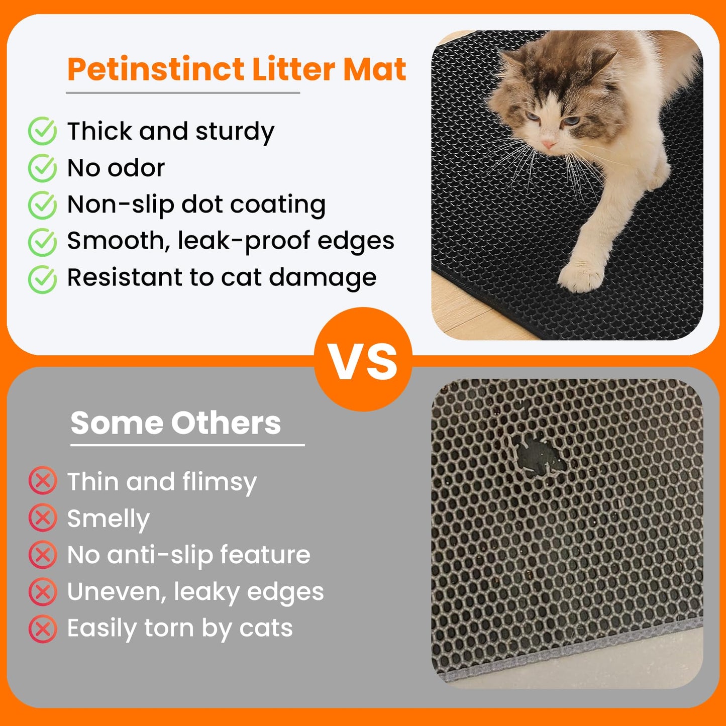 Petinstinct Cat Litter Mat, Double Layer Honeycomb Cat Litter Trapping Mat, Non Slip Waterproof Urine Proof Cat Litter Box Mat for Floor, Kitty Litter Rug, Cat Supplies, Black, 24x18 Inches
