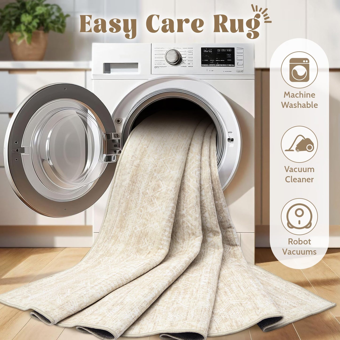 Washable Area Rug 5x7: Moroccan Rug for Living Room Geometric Boho Rug Farmhouse Non Slip Stain Resistant Rugs Low Pile Soft Carpet for Bedroom Dining Room Home Office Children Room (Beige,5'x7')
