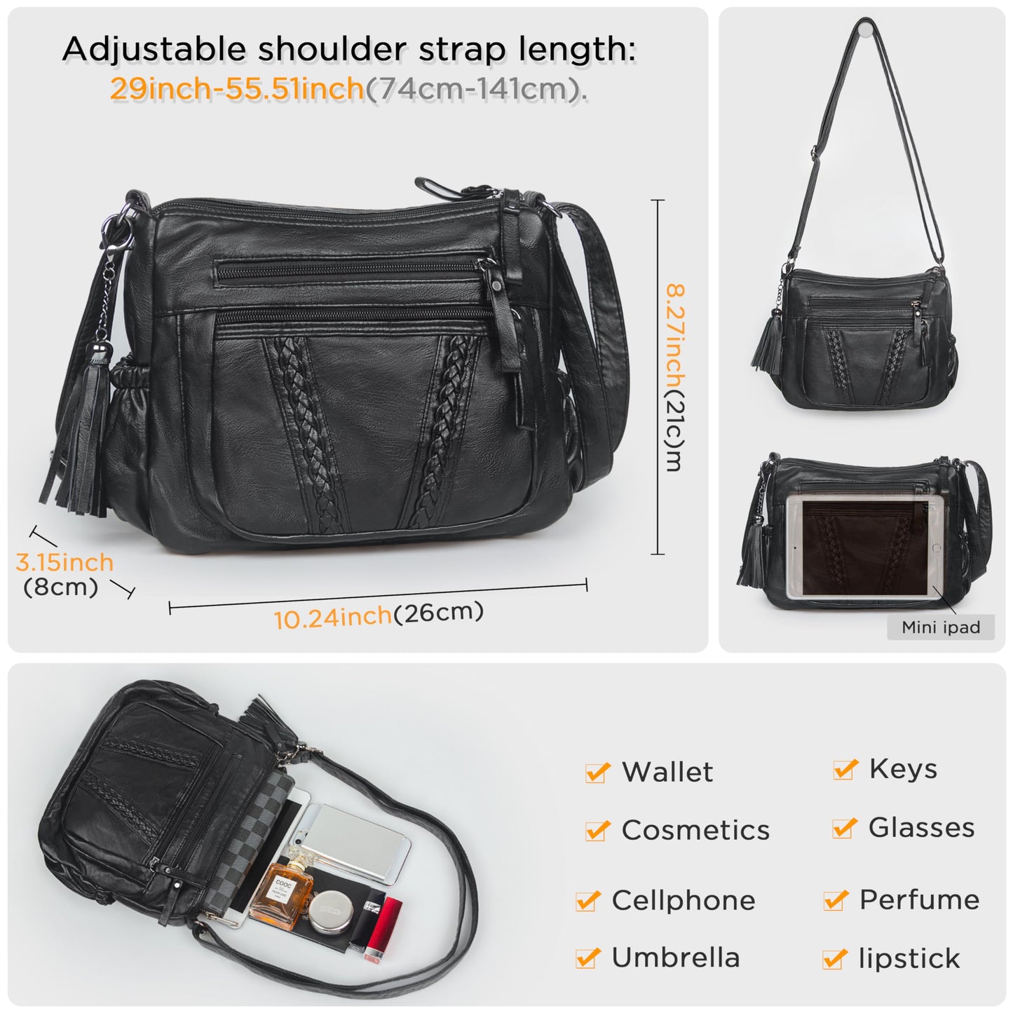 VOLGANIK ROCK Crossbody Bag for Women with Tassel Ladies Soft PU leather Purses and Handbag Pocketbooks
