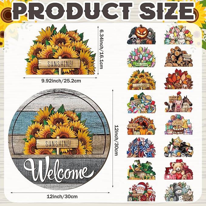 Yousoontic 17 Pcs 12 Inch Magnetic Welcome Door Sign Interchangeable Front Door Decor Rustic Fall Seasonal Hanging Sign Halloween Christmas Decor for Home Warming Gift(Retro Color,Grain Welcome)