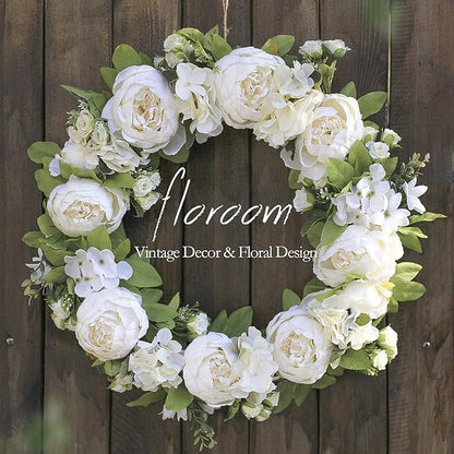 Floroom Floral Wreath, 20" Artificial White Peony Hydrangea Wreath for Front Door Wedding Decorations Wall Decor