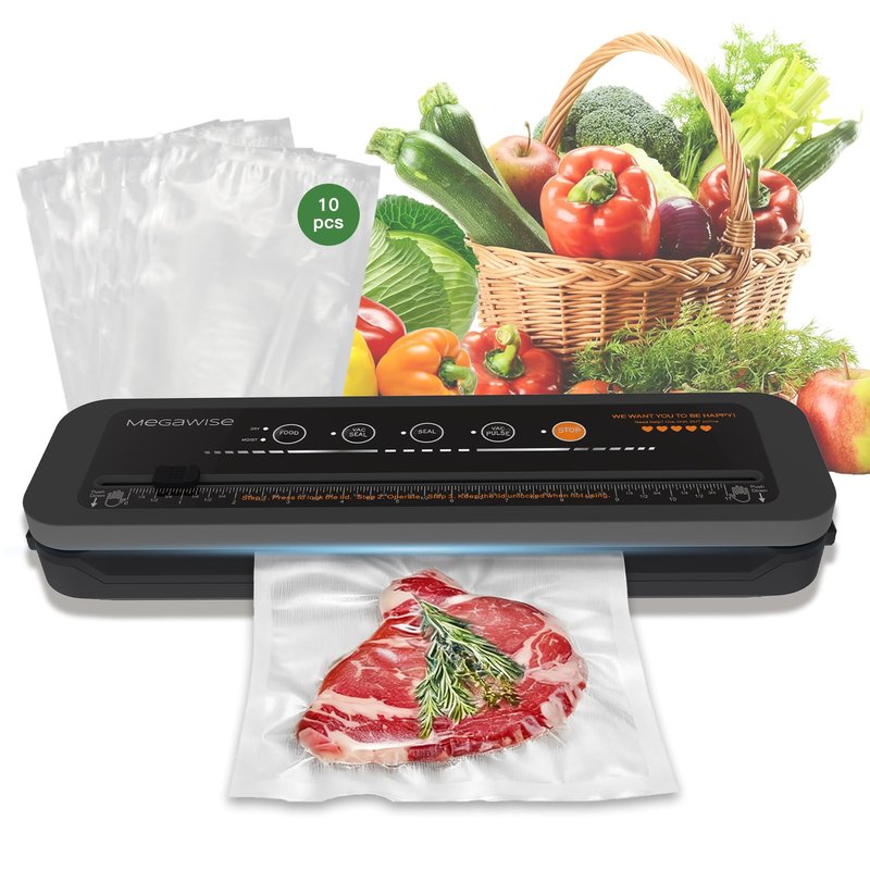MegaWise Vacuum Sealer Machine | 80kPa Suction Power| Bags and Cutter Included | Compact One-Touch Automatic Food Sealer with External Vacuum System | Dry Moist Fresh Modes for All Saving needs