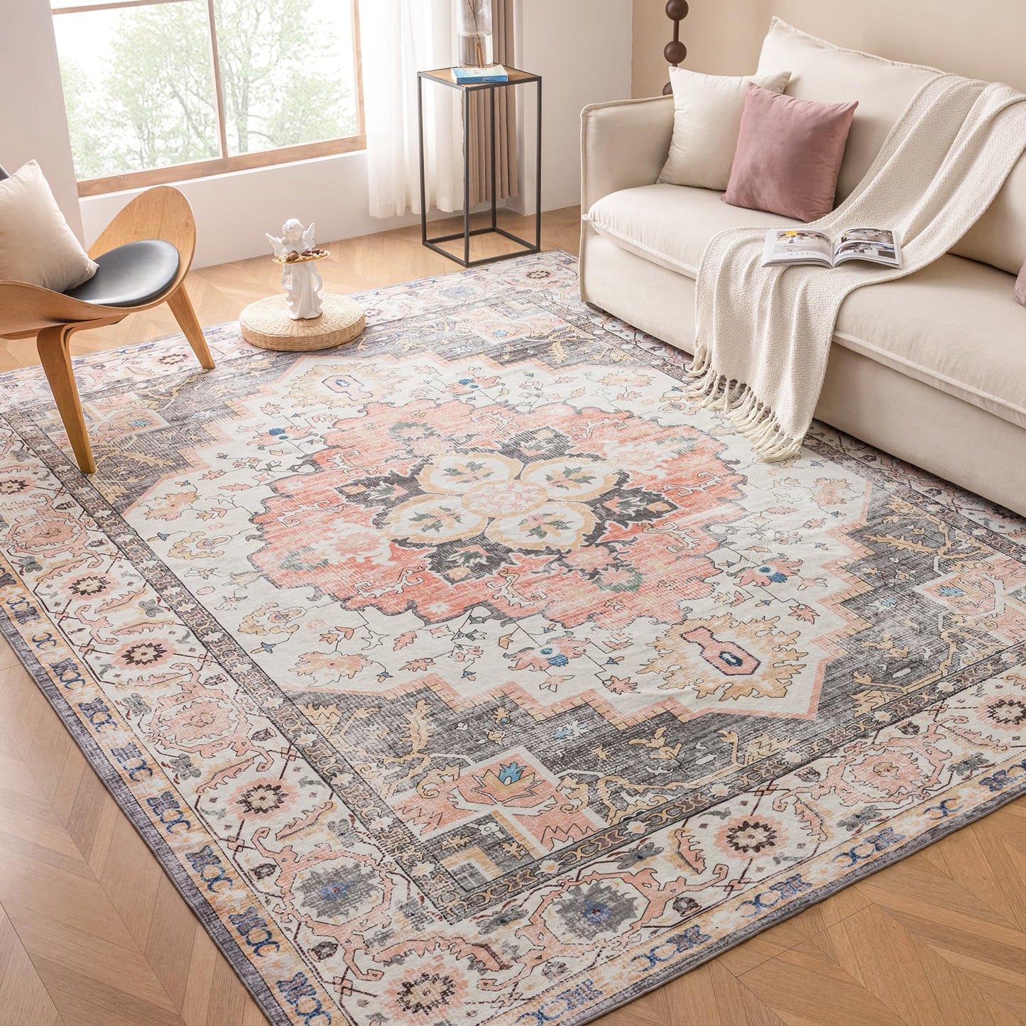 VK VK·LIVING Machine Washable Rug 5'x7' Vintage Design Washable Area Rugs with Non Slip Rugs for Living Room Bedroom Traditional Woven Carpet Stain Resistant, Dining Office Boho Rug (Mistyrose)