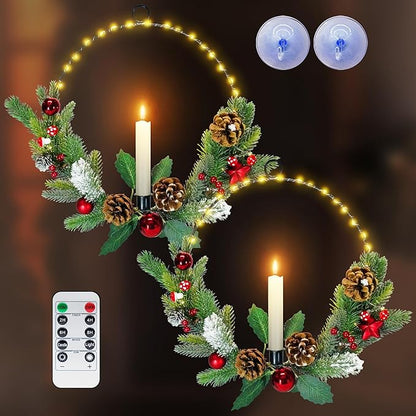 2Pack Christmas Wreaths for Front Door with Lights & Flickering LED Taper Candles & Remote, 16'' Windows Wreaths, Fireplace Christmas Decorations - Red