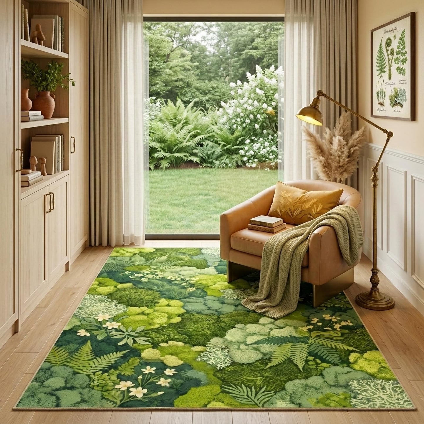 GraceSway CS 5x7 Area Rug, Green Botanical Moss & Fern Print, Faux Cashmere Low Pile, Foldable Non-Slip Rug for Living Room Bedroom, Machine Washable