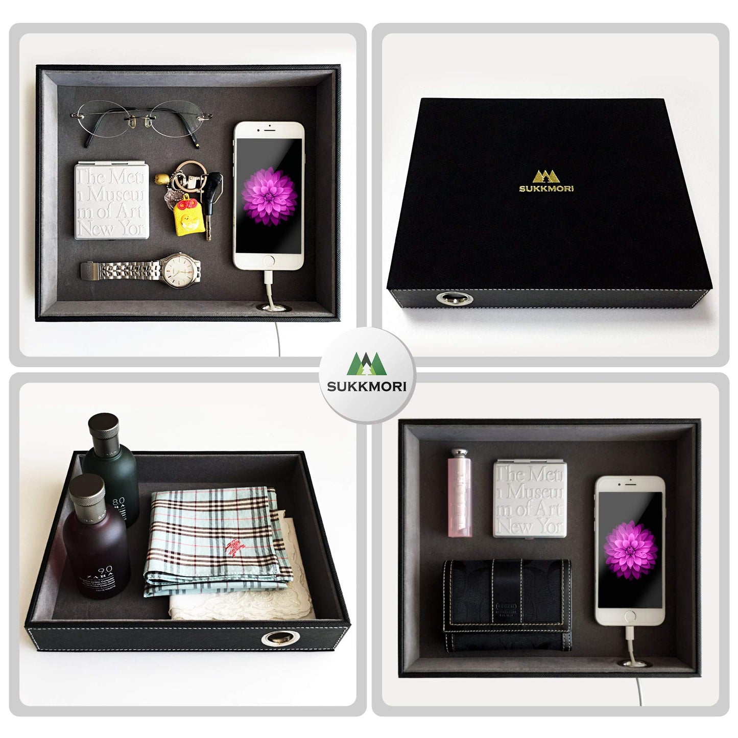SUKKMORI Valet Tray with Charging Station - PU Leather Nightstand Organizer for Men and Women, Desk Catchall Tray for Keys, Jewelry