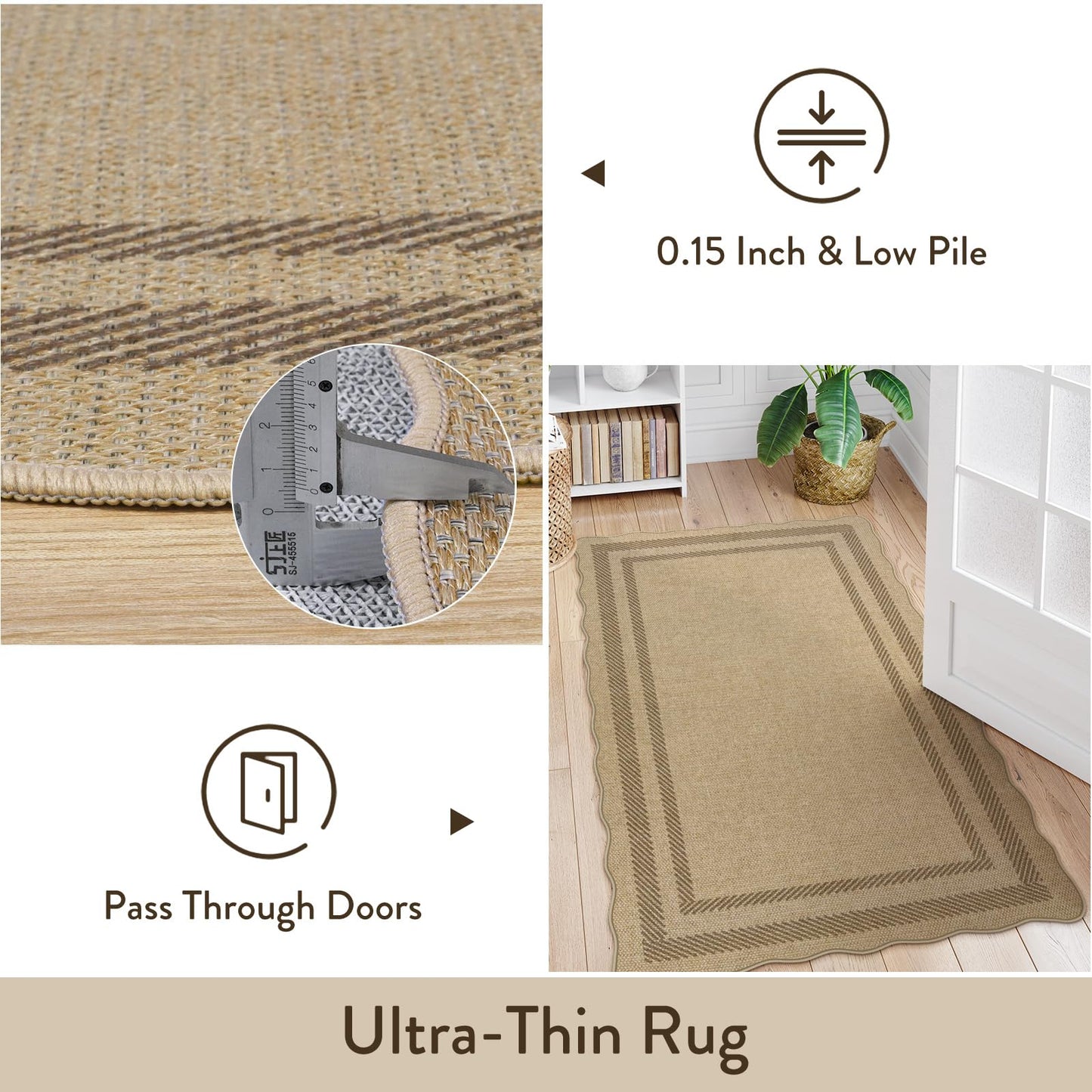 LIVEBOX Scalloped Easy Jute Kitchen Rug, 2x3 Front Door Mat Indoor Outdoor Small Entryway Rug, Washable Non Slip Farmhouse Area Rug, Tan Neutral Modern Carpet Outdoor Doormat for Porch Doorway Foyer