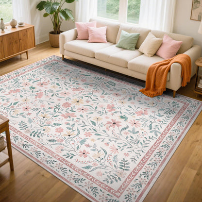 SHACOS Pink Floral Area Rugs 5x7 Nursery Rug, Machine Washable Boho Rugs for Bedroom, Non Slip Soft Floral Low-Pile Carpet for Living Room Kids Room Dining Room Entryway Indoor