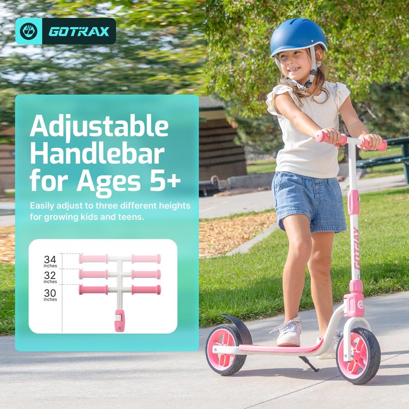 Gotrax KS8 Kick Scooter for Kids 5+, Large 8" Wheels and Height Adjustable Handlebar, Sturdy Wide Deck & Rear Brake, Detachable for Easy Storage, 2 Wheels Scooter for Kids, Teens, Child Safety, Pink