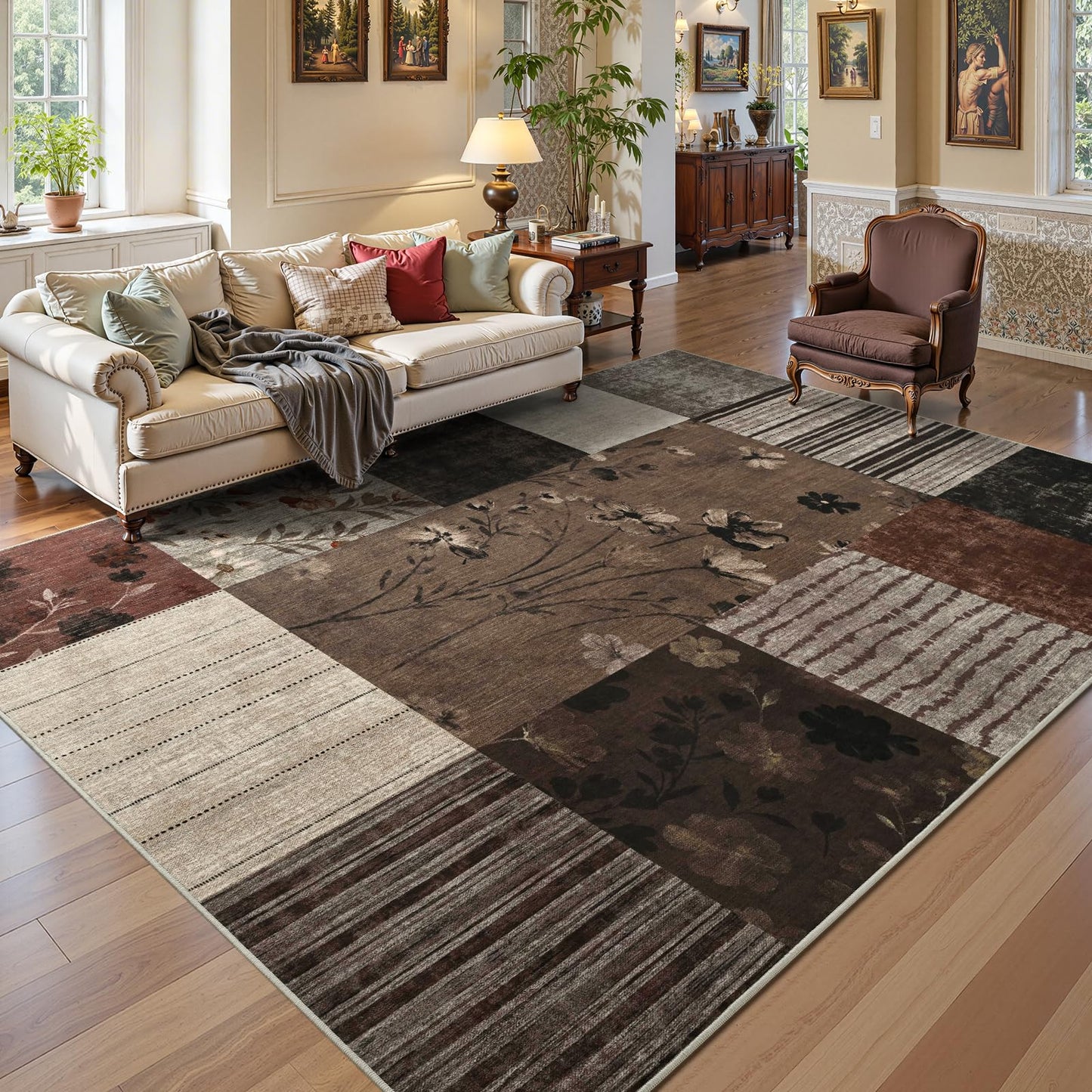 DweIke Area Rugs 4'x6' Washable Brown Rug for Living Room, Non-Slip Modern Geometric Patchwork Stain Resistant Indoor Throw Carpet for Bedroom Dining Room Farmhouse Office Decor
