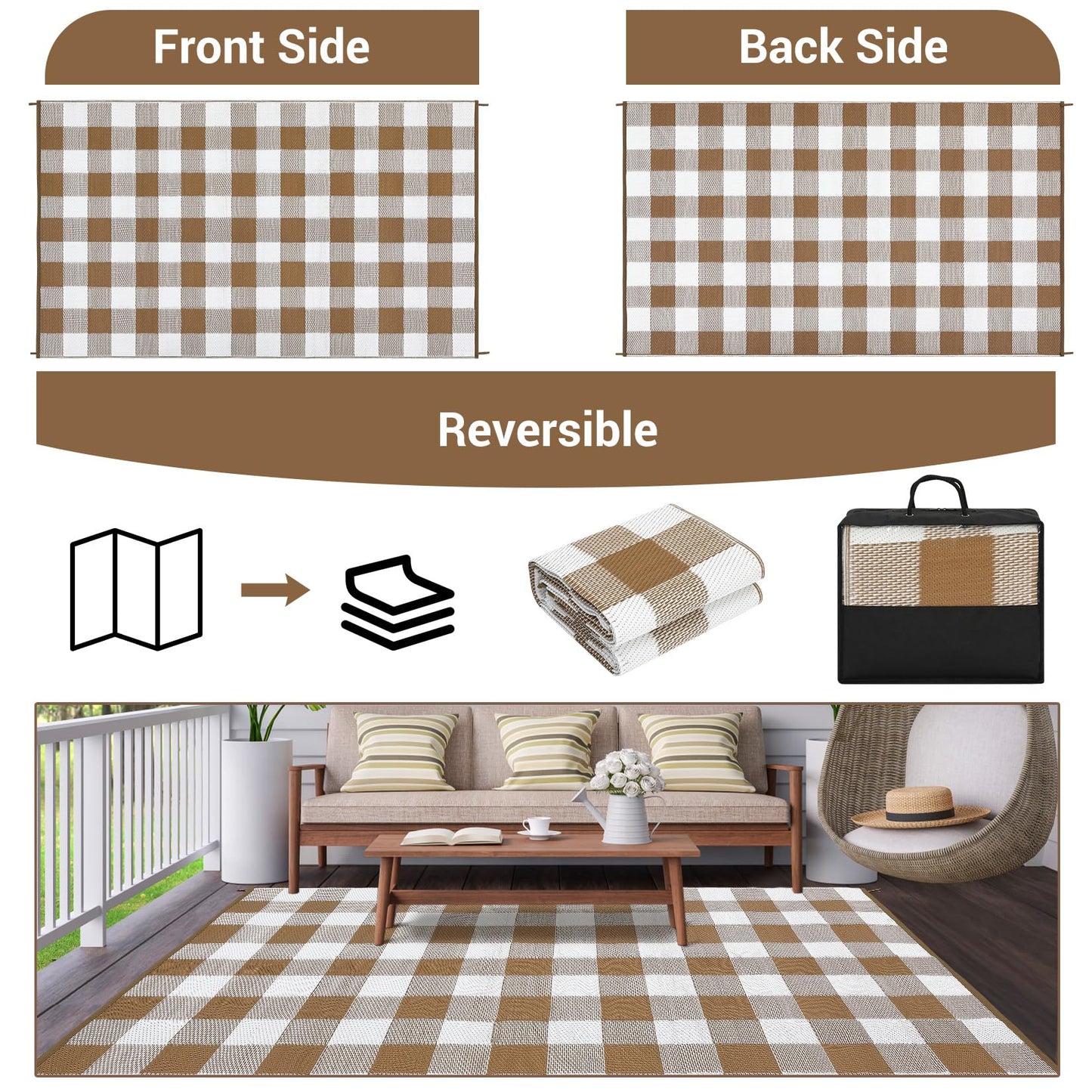 COZYLOOM Outdoor Plastic Straw Rug 8x10 Waterproof Outdoor Patio Rug Geometric Champing Rug Checkered Outdoor Carpet Reversible Rug for Rv Baclony Picnic Backyard Deck Porch Beach, Brown