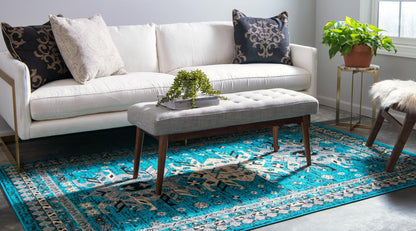 Unique Loom Taftan Collection Border Geometric Tribal Inspired Design Area Rug (6' 0 x 9' 0 Rectangular, Turquoise/ Gray)