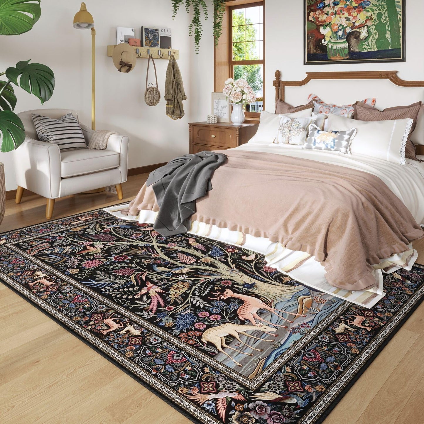 Rugcomf Area Rugs 5x7 Vibrant Tree of Life-Patterned Vintage Washable Area Rug Non Slip Low Pile Large Rugs for Living Room Bedroom Farmhouse Dining Room Kids Playroom, Black