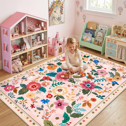 RELEANY Floral 5x7 Area Rug Machine Washable Soft Print Boho Carpet Non Slip Doormat Low Pile Flower Area Rugs for Living Room Bedroom Nursery Kitchen Dining Room Indoor-Pink