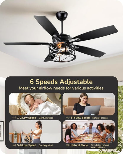 EDISHINE 42“ Black Farmhouse Ceiling Fans with Lights, Remote Control, Dimmable, 6 Speeds, 5 Wood Blades, DC Reversible Motor, Timer, Noiseless, Small Rustic Fan for Bedroom Living Room Kids Room