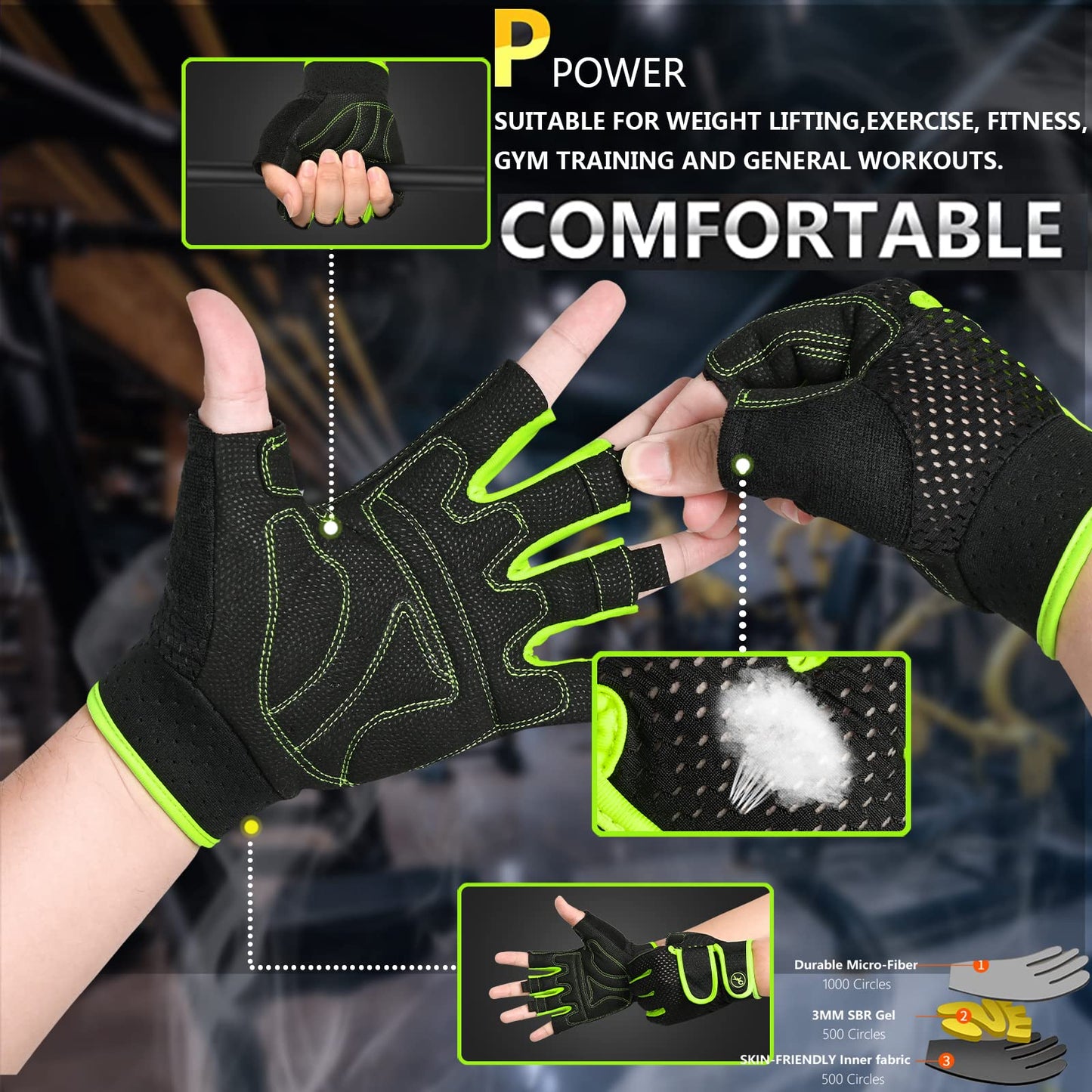 MOREOK Workout Gloves Padded Weight Lifting Gloves for Men/Women Green-L