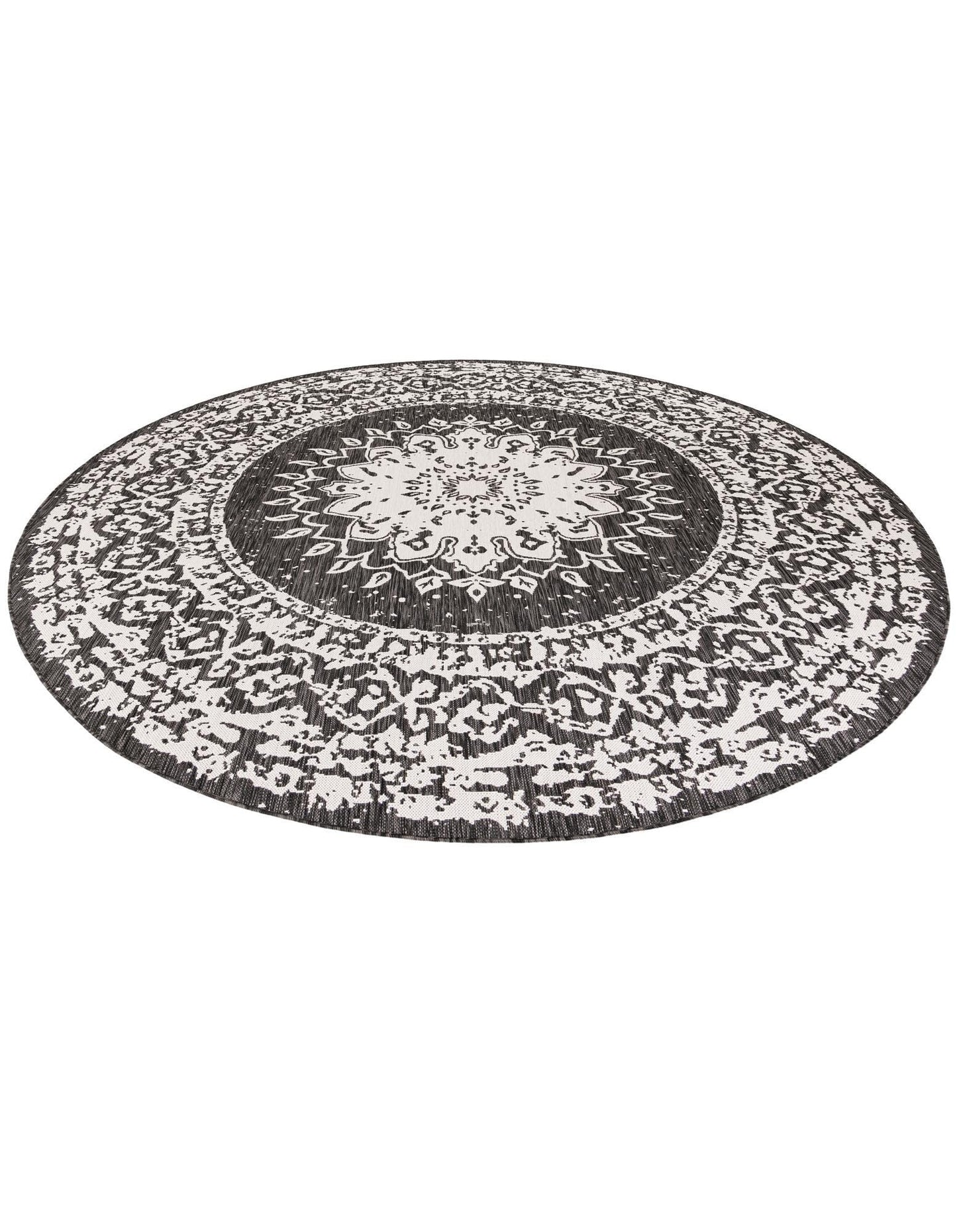 Rugs.com Outdoor Traditional Collection Rug – 10 Ft Round Black and White Flatweave-Pile Rug Perfect for Kitchens, Dining Rooms