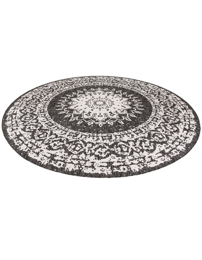 Rugs.com Outdoor Traditional Collection Rug – 10 Ft Round Black and White Flatweave-Pile Rug Perfect for Kitchens, Dining Rooms