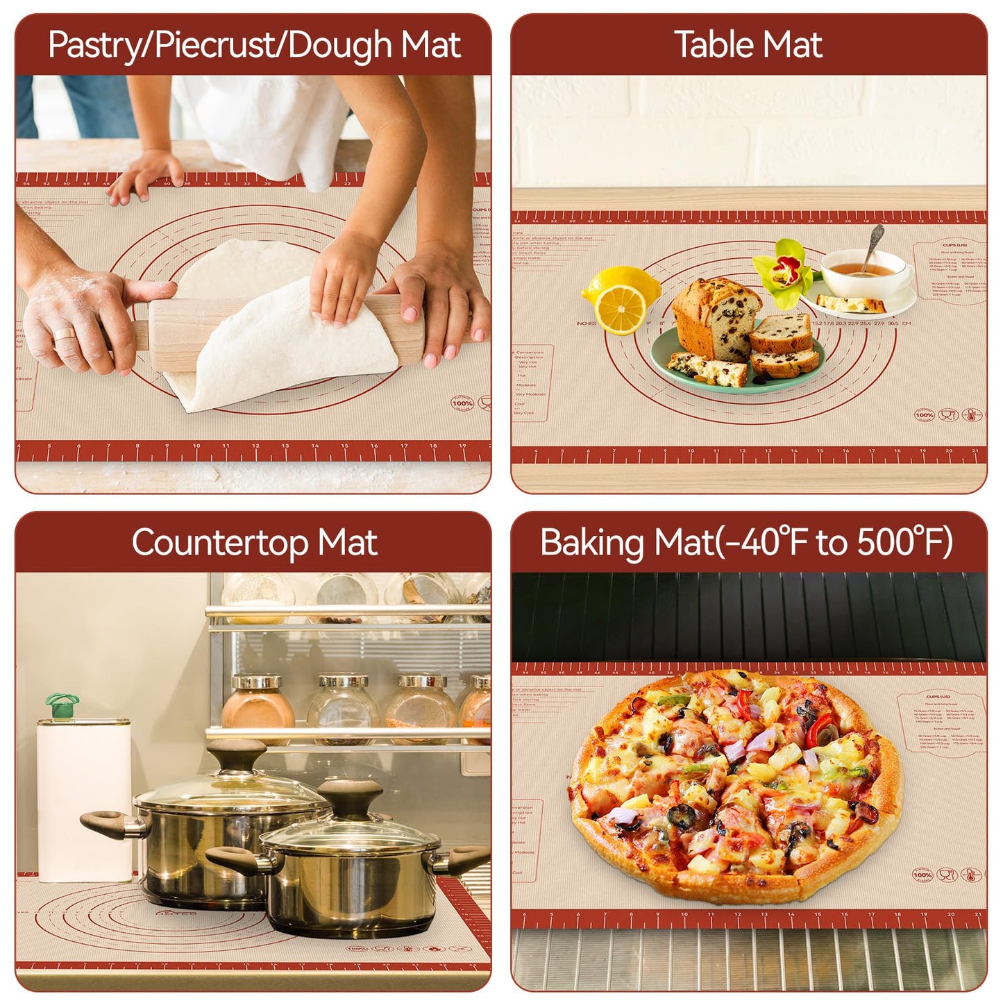 HOTEC Silicone Baking Mat - 26x16 Thickened Pastry Dough Mat with Measurement Non-Stick For Dough Rolling, Bread, Oven Liner, Kitchen Counter, Fondant/Pie Crust