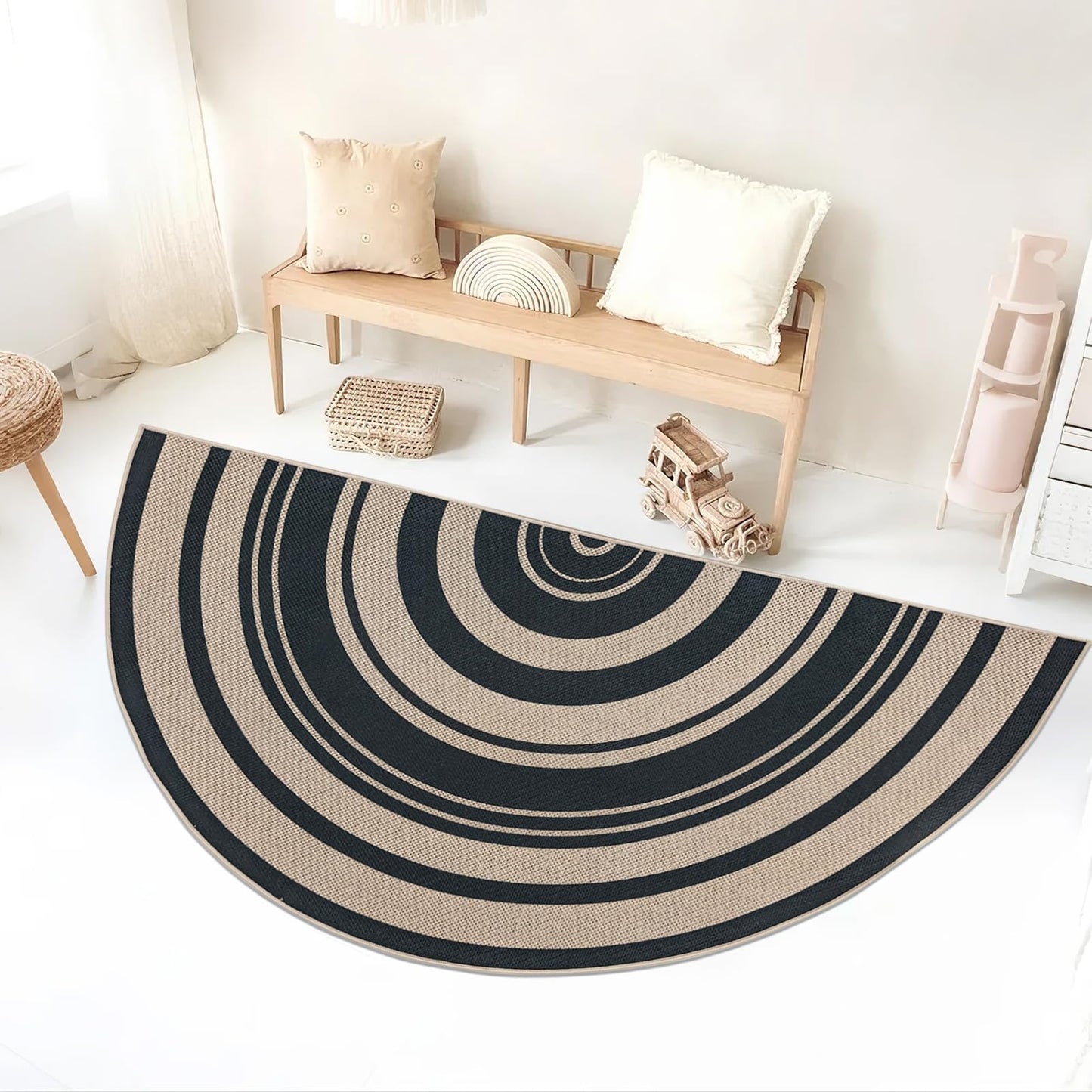 Lacomfy Easy Jute Rug 3x6Ft Half Circle Rainbow Carpet for Farmhouse Bedroom Carpet, Non-Slip Half Round Thin Neutral Floor Mat for Living Room Patio Kids Room Kitchen, Indoor Outdoor, Black 1