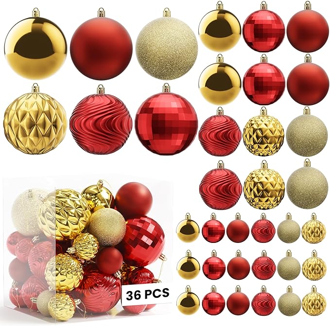 Annecy Christmas Tree Ornaments - 36 PCS Shatterproof Christmas Ball Ornaments Set for Holiday, Wreath & Party Decorations (Multi-Size, Red, Gold)