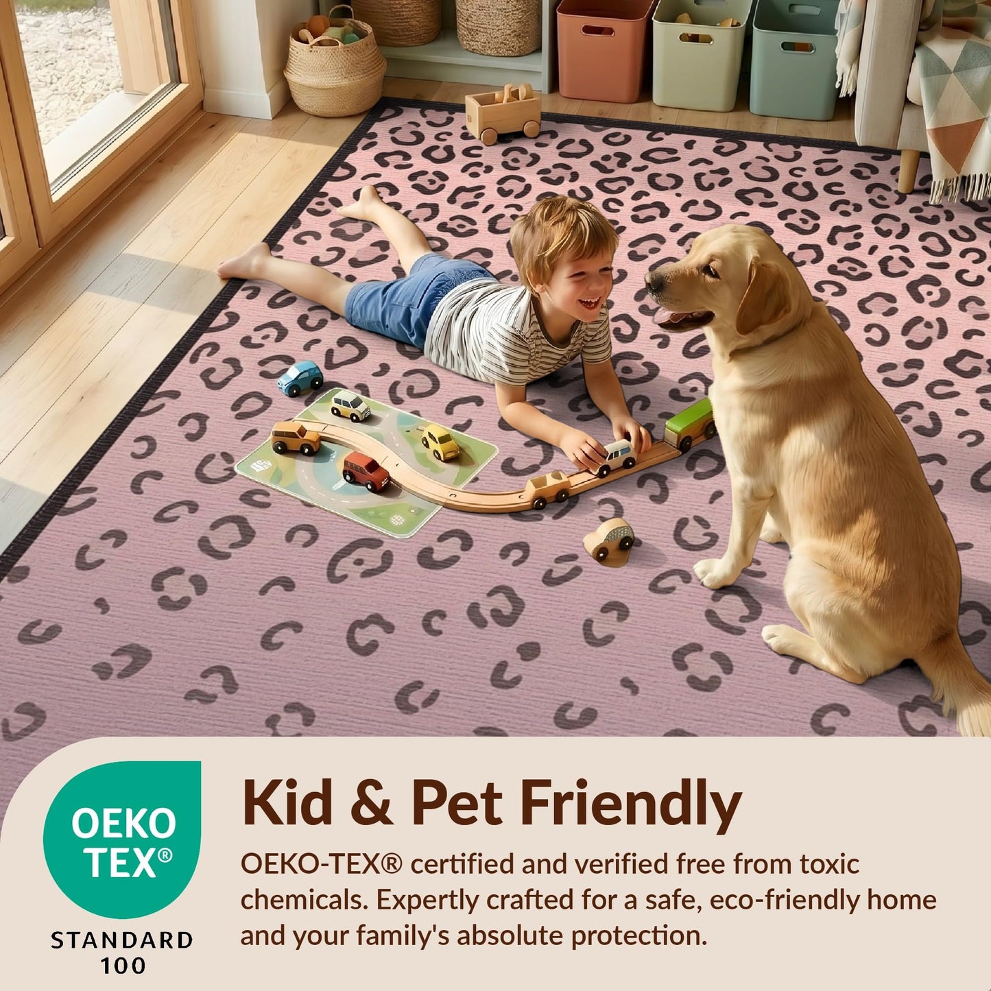 Design&I 5'x7' Washable Area Rug Pink Leopard Print Graduated Density Abstract Rosette Cheetah for Dining Room, Under Table, Home Office, Chair-Friendly & Snag-Free Skid-Resistant Room
