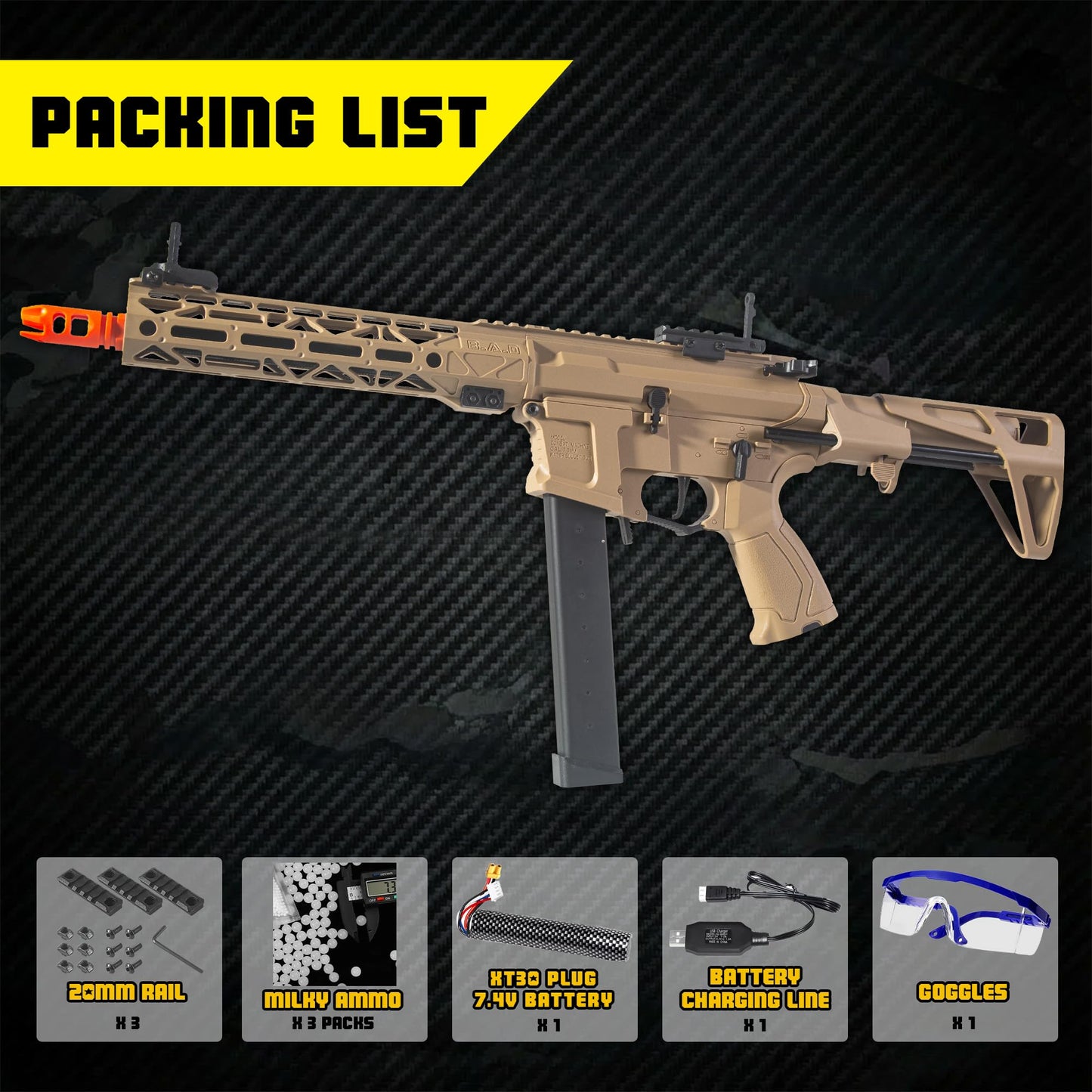EMERBU Pro-Grade Splatter Gel Ball Blaster ARP9 Plus - Metal and Nylon Body - Metal Gearset - Semi and Full Automatic Splat 12 Orby per Second - 7.4V Rechargeable Battery Powered - for Ages 15+(TAN)
