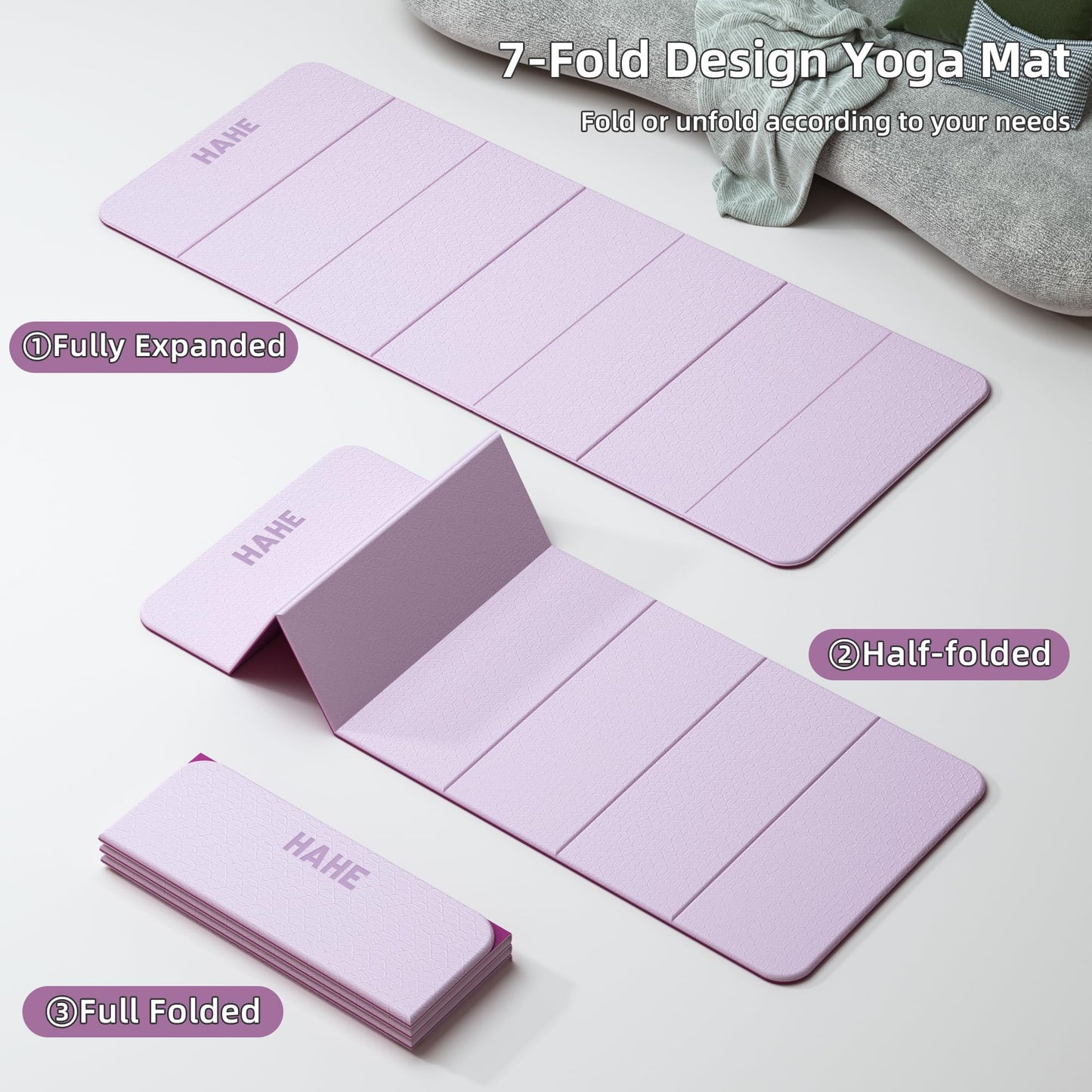 HAHE 7-Fold Design Extra Thick Yoga Mat 72"L x 24"W x 0.47",TPE Fitness Exercise Mats, Non-Slip Foldable Yoga Mat, High Density, Portable for Men & Women, Yoga, Pilates, Home Gym (Deep Pink & Light Pink)