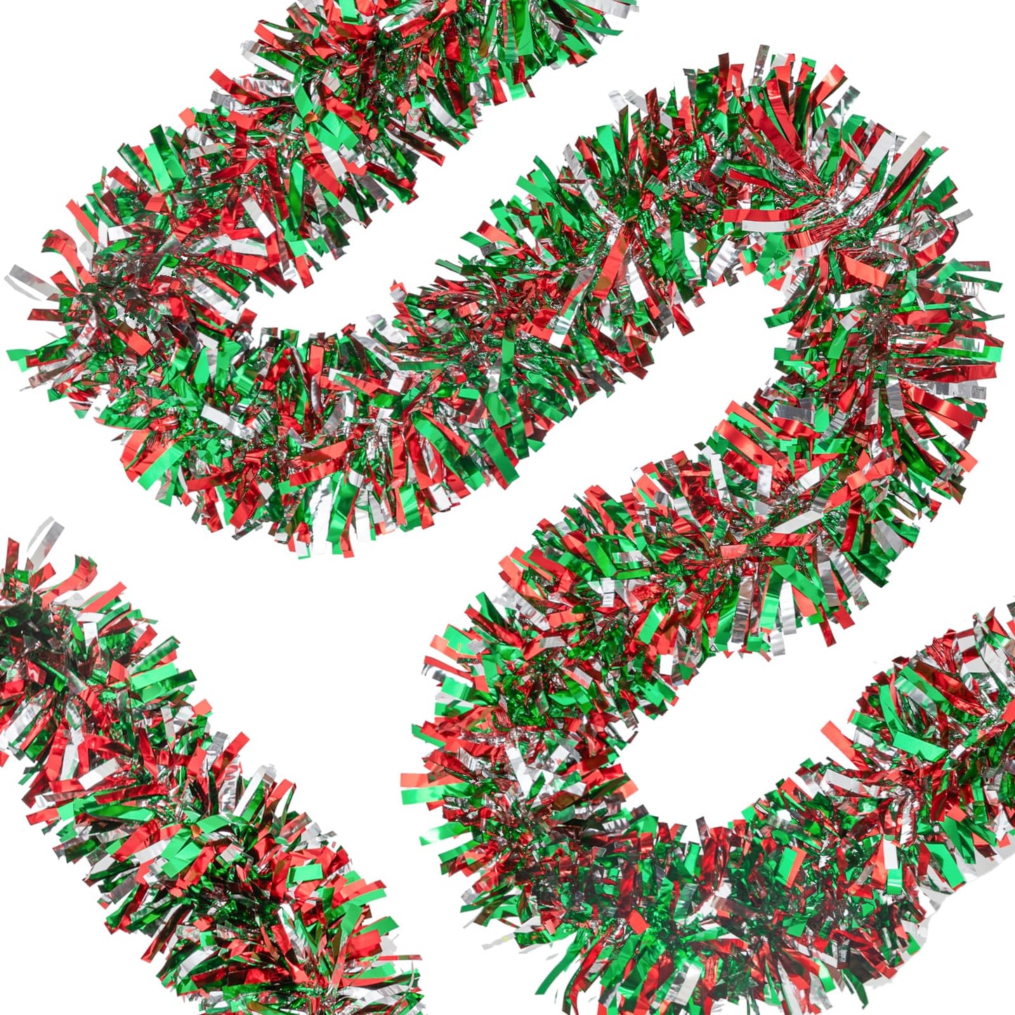 50.8 FT Christmas Tinsel Garland, Red Green Silver Metallic Twist Foil Tinsel Garland Glitter Xmas Hanging Decoration for Christmas Tree Wedding Birthday Home Party Decoration (Red Green Silver)