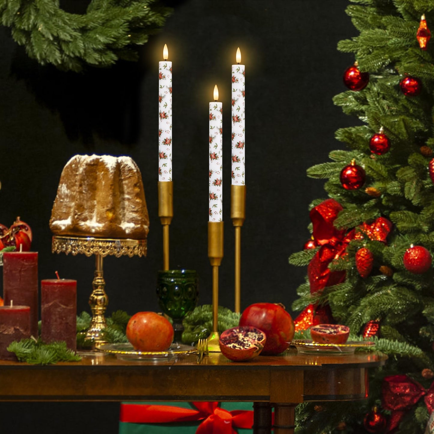 SEHNSY Christmas Flameless Taper Candles, 4 Pcs 9.64 Inch Poinsettia LED Candlesticks with 3D Flickering Flame, Battery Operated Candle with Remote for Xmas Home Décor Christmas Gifts