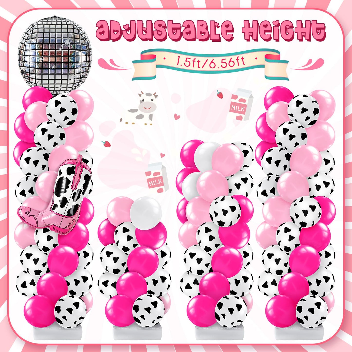 Kasyat 2 Sets Disco Cowgirl Balloon Column Stand Kit with 4d Cowgirl Hat Boots Disco Ball Exploding Stars Balloons Hot Pink Silver Arch Kit for Floor for Western Birthday Party Decorations