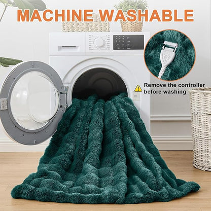 Heated Blanket Electric Throw Blanket 50''X 60''-Heating Blanket with 6 Heat Settings-4 Hours Auto Off,Cozy Faux Rabbit Fur Bubble Electric Blanket,Dark Green
