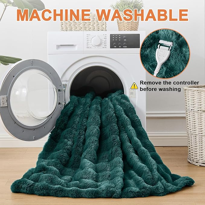 Heated Blanket Electric Throw Blanket 84''X 90''-Heating Blanket with 6 Heat Settings-10 Hours Auto Off,Cozy Faux Rabbit Fur Bubble Electric Blanket,Dark Green