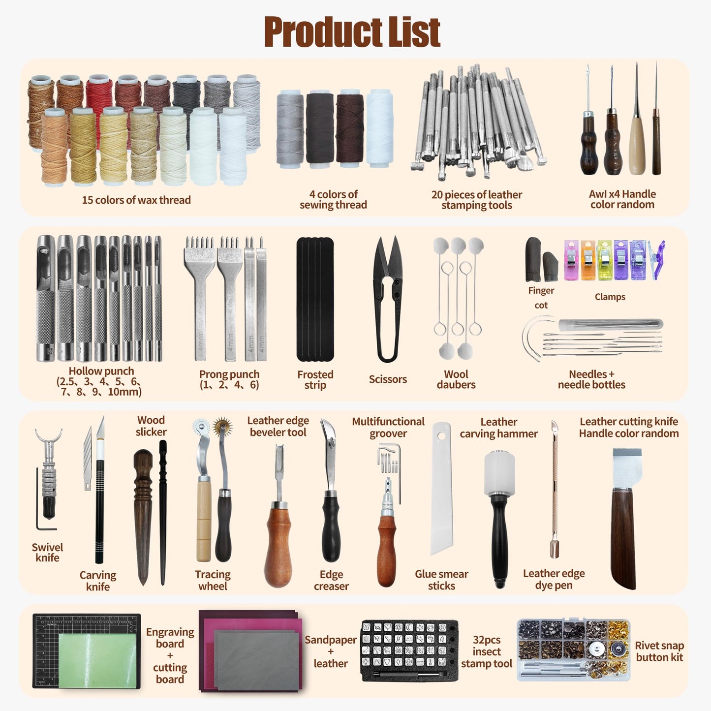 Runfider Leather Working Tool Set 588PCS Professional Leather Craft Tools Kit for Beginners with Carving Cutting Punching Sewing & Stamping Tools Leatherworking Kit for Handicraft DIY