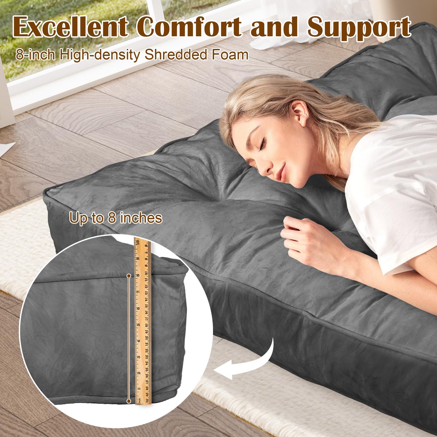 8" Futon Mattress Full Size 54" x 80", Thick Futon Sofa Couch Bed for Adults, Velvet Floor Futon Mattress Shredded Foam Filling, Tatami Sleeping Mat for Camping, Dorm, Dark Gray(Frame Not Included)