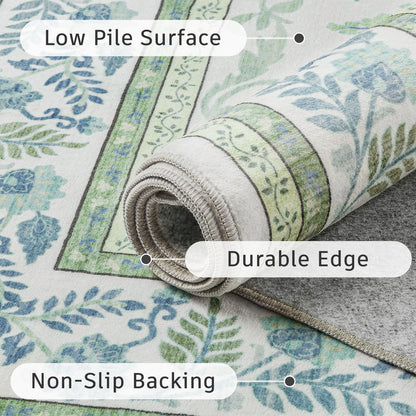 DCX Green 9x12 Rug, Kid & Pet Friendly with Rubber Back Non Slip, Machine Washable Stain Resistant Botanical Floral Rug for Living Room, Bedroom, Soft Low Pile Large Nursery Carpet