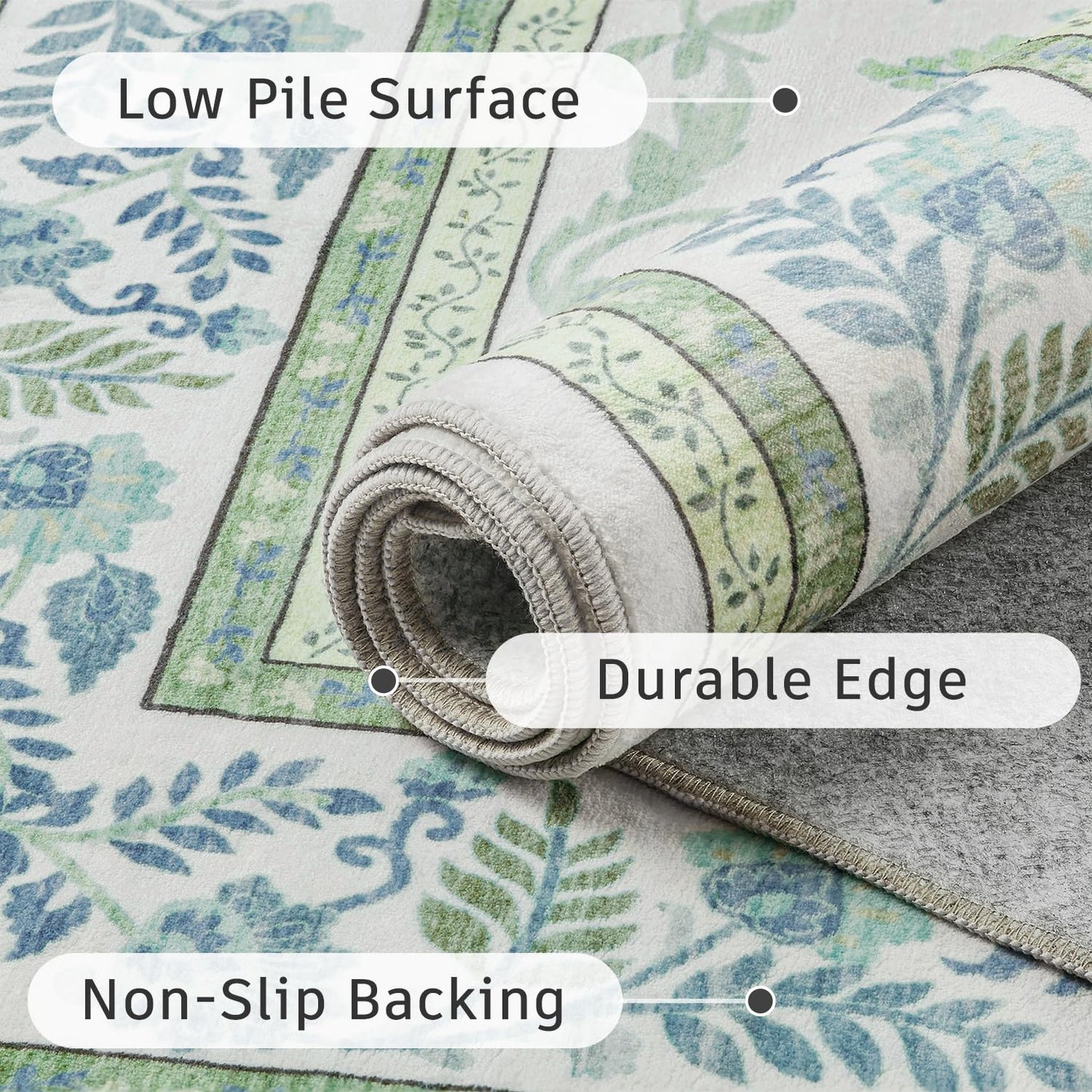 DCX Green 8x10 Rug, Kid & Pet Friendly with Rubber Back Non Slip, Machine Washable Stain Resistant Botanical Floral Rug for Living Room, Bedroom, Soft Low Pile Large Nursery Carpet